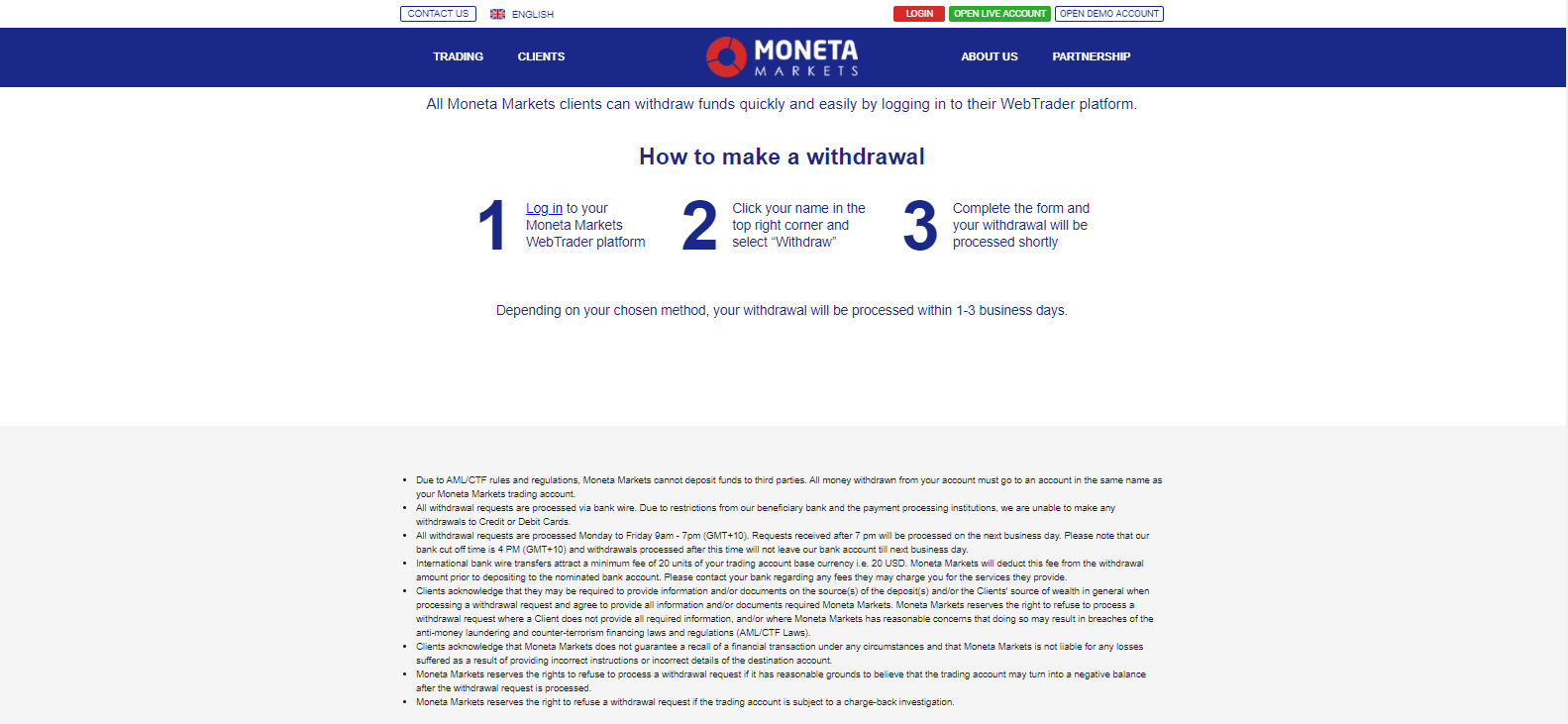 Moneta Markets withdrawal process